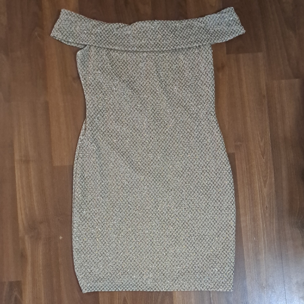 B. Smart Strapless Dress - Elegant Mini Textured Beige and Sparkly Dress